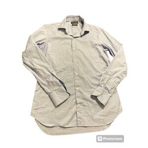 Massimo Dutti Shirt Mens 15.5 Blue White Stripe Button Up Cotton‎ Italian